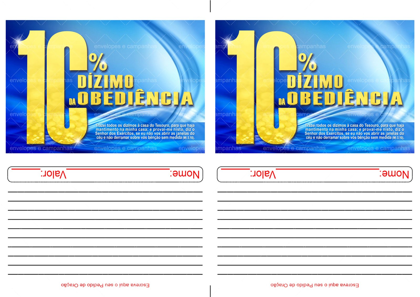 Envelope 2x1 - Dízimo da Obediência Com Pedido de Oração