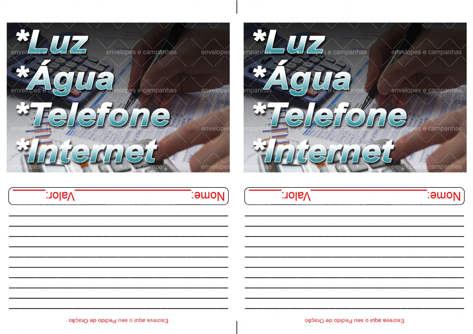 Envelope Despesa Luz Água Telefone Internet (2 numa folha A4)