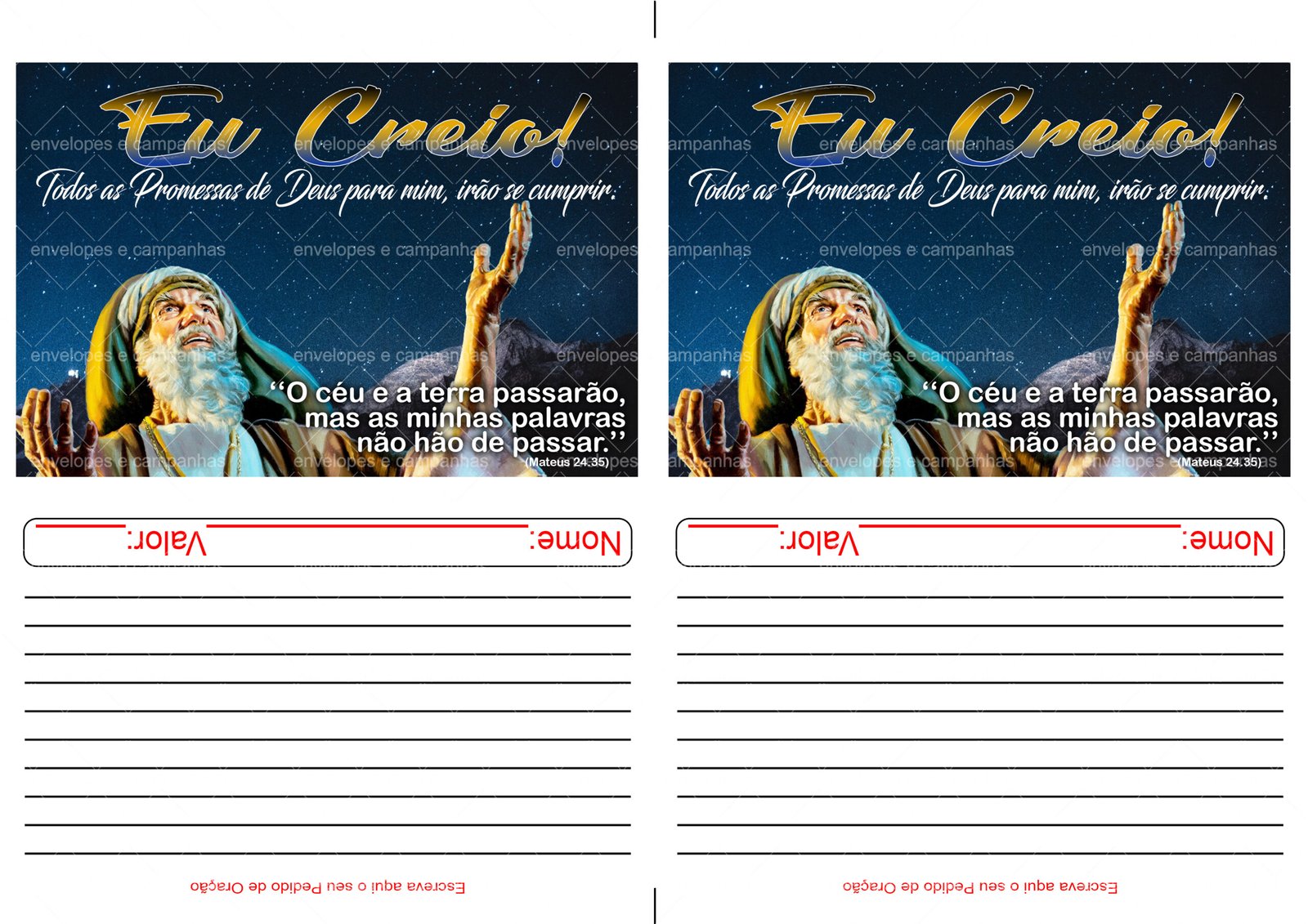 Envelope Eu creio, todas as promessas de Deus para mim irão se cumprir (2 numa folha A4)