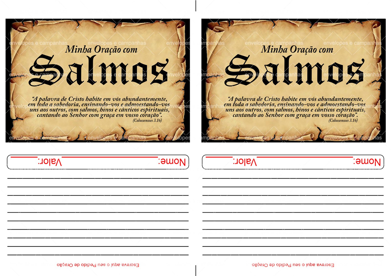 Envelope Minha oração com Salmos (2 numa folha A4)