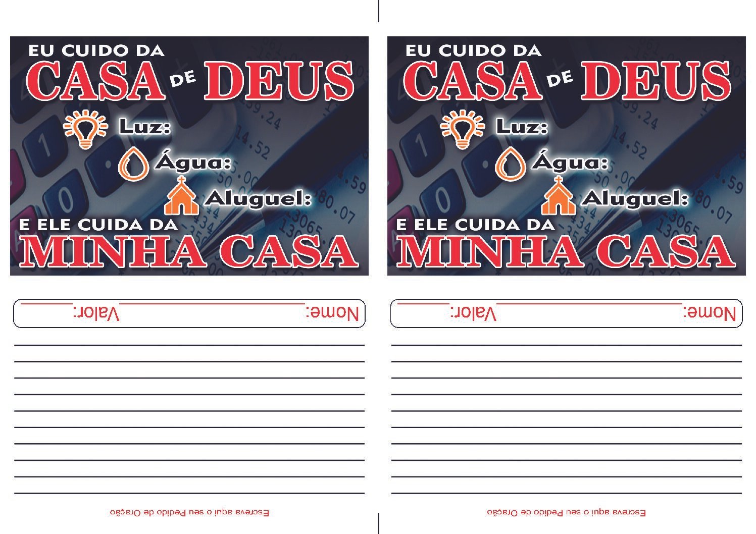 Envelope Oferta Despesas - Eu cuido da casa de Deus (2 numa folha A4)