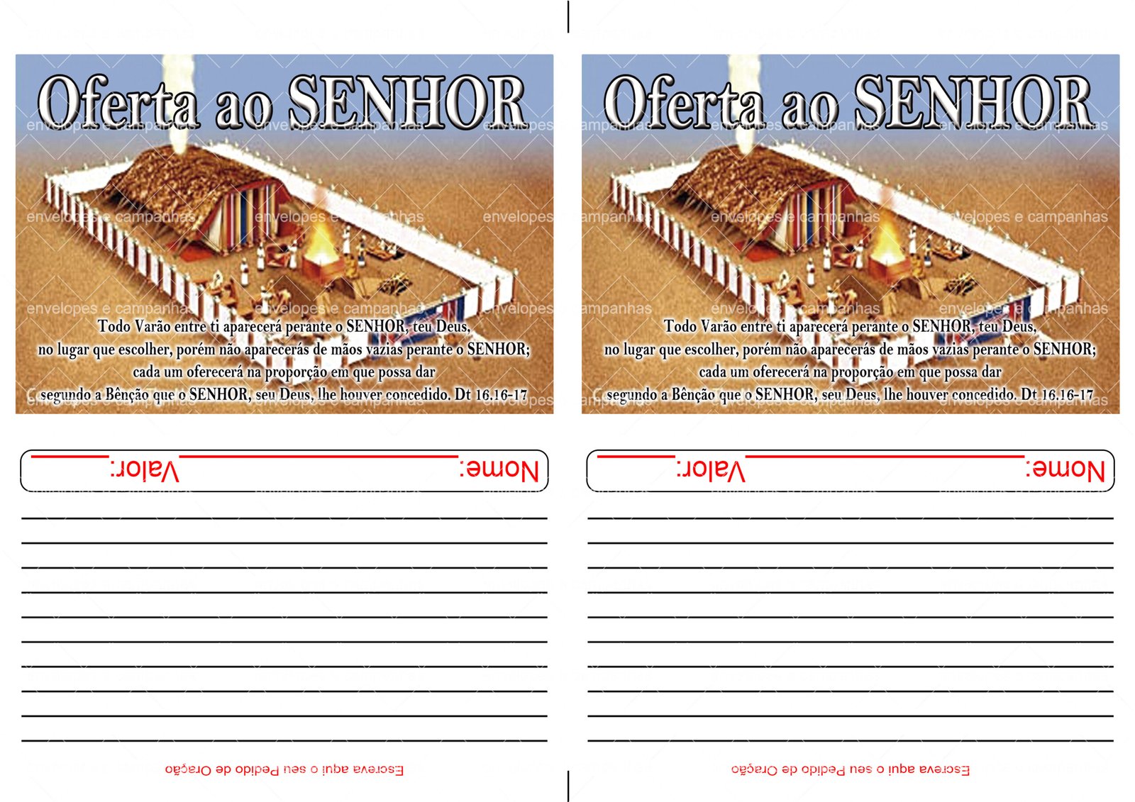 Envelope Oferta ao SENHOR - Tabernáculo (2 numa folha A4)