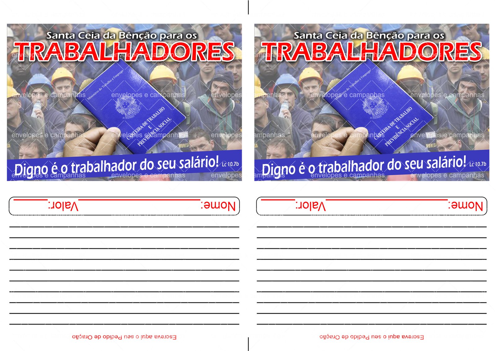 Envelope Santa Ceia da Bênção para os Trabalhadores (2 numa folha A4)