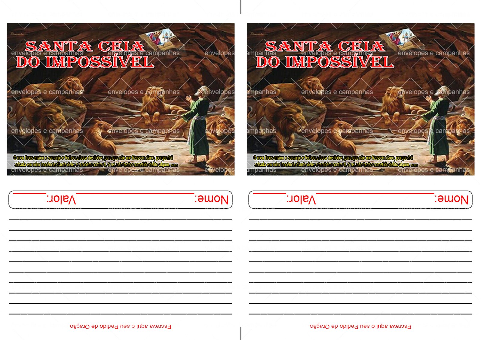 Envelope Santa Ceia do Impossível - Daniel na Cova dos Leões (2 numa folha A4)