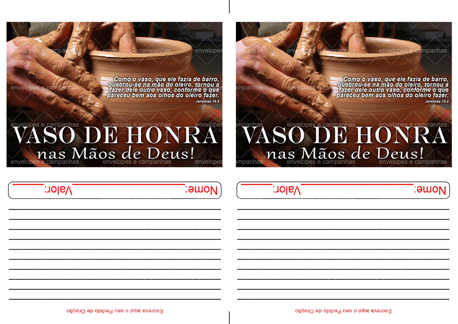 Envelope Vaso de Honra nas mãos de Deus (2 numa folha A4)